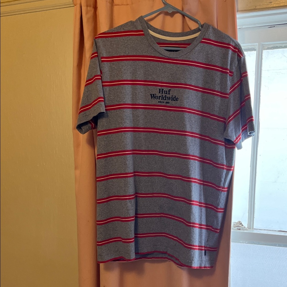 HUF Gray and Red Striped Short Sleeve Tee